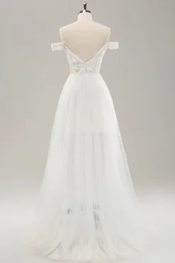 White Off the Shoulder Cut Out Wedding Dress with Detachable Tulle
