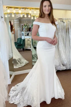 White Off the Shoulder Long Mermaid Wedding Dress with Lace