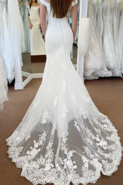 White Off the Shoulder Long Mermaid Wedding Dress with Lace