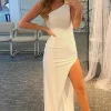 White One Shoulder Sequins Prom Dress with Slit