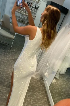 White One Shoulder Sequins Prom Dress with Slit
