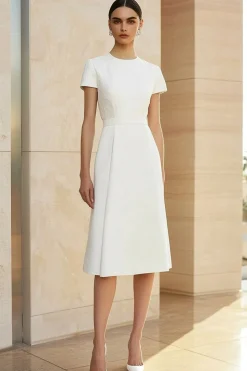 White Round Neck Fitted Straight Pencil Midi Formal Dress