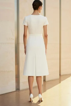 White Round Neck Fitted Straight Pencil Midi Formal Dress