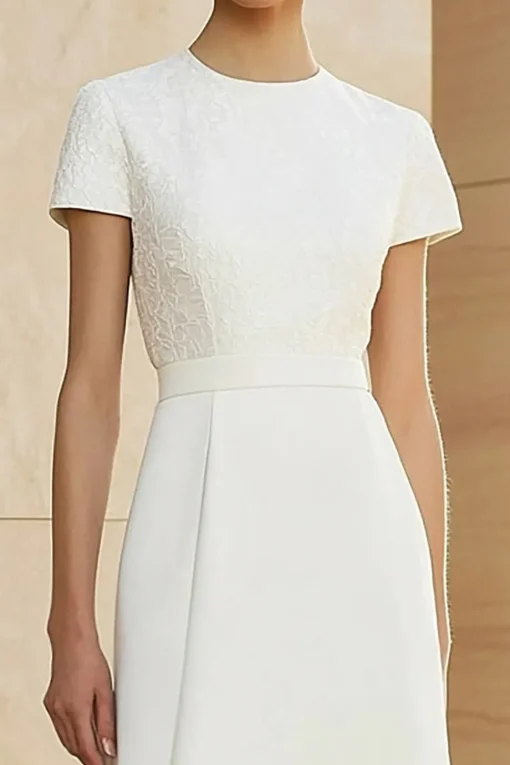 White Round Neck Fitted Straight Pencil Midi Formal Dress