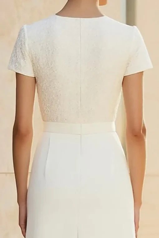 White Round Neck Fitted Straight Pencil Midi Formal Dress