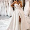 White Satin Long A-Line Wedding Dress with Slit