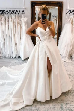 White Satin Long A-Line Wedding Dress with Slit
