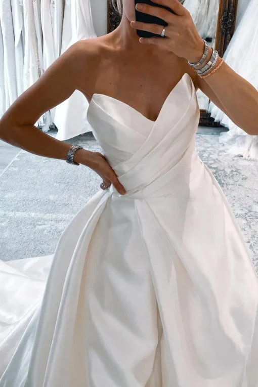 White Satin Long A-Line Wedding Dress with Slit