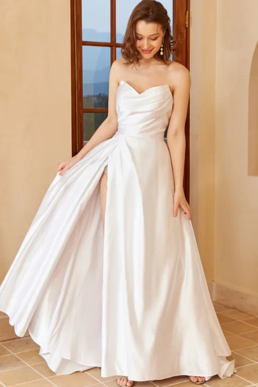White Satin Sweetheart Wedding Dress with Slit