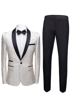 White Shawl Lapel Jacquard Prom Men's 2 Pieces Suits