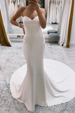 White Simple Sweep Train Boho Long Mermaid Wedding Dress