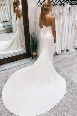 White Simple Sweep Train Boho Long Mermaid Wedding Dress