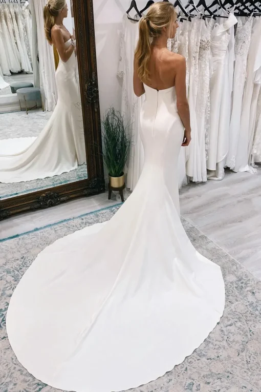 White Simple Sweep Train Boho Long Mermaid Wedding Dress