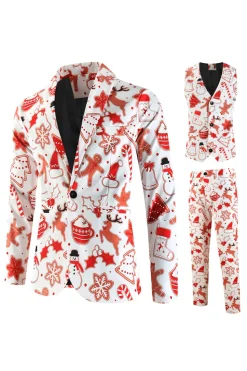 White Snowflake Snowman Printed 3 Pieces Men's Christmas Party Suits