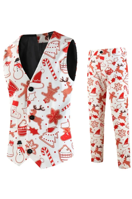 White Snowflake Snowman Printed 3 Pieces Men's Christmas Party Suits