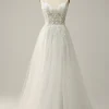 White Spaghetti Straps Corset Prom Dress with Beading