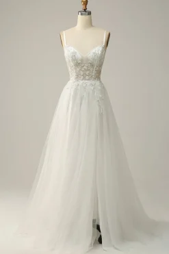 White Spaghetti Straps Corset Prom Dress with Beading