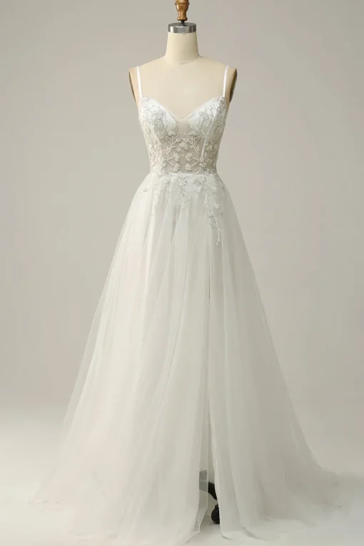 White Spaghetti Straps Corset Prom Dress with Beading