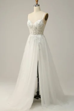 White Spaghetti Straps Corset Prom Dress with Beading