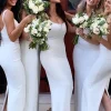 White Square Neck Satin Bridesmaid Dress With Split