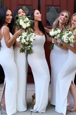 White Square Neck Satin Bridesmaid Dress With Split