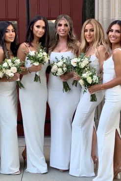 White Square Neck Satin Bridesmaid Dress With Split