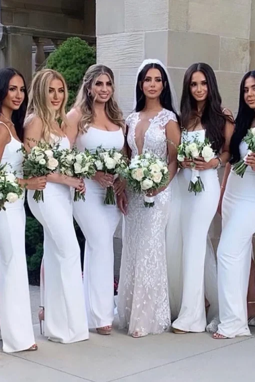 White Square Neck Satin Bridesmaid Dress With Split