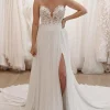 White Sweetheart Long Lace Boho Wedding Dress with Slit