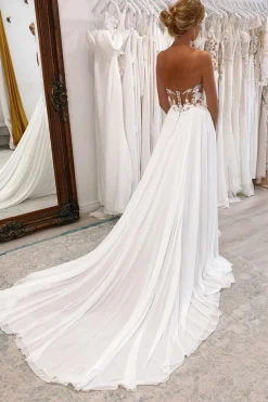 White Sweetheart Long Lace Boho Wedding Dress with Slit