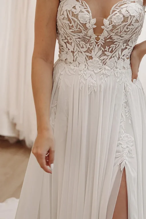 White Sweetheart Long Lace Boho Wedding Dress with Slit