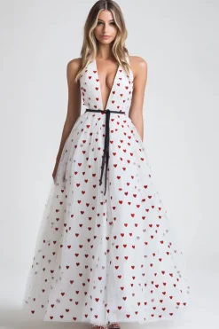 White Tulle A Line V-Neck Long Formal Dress