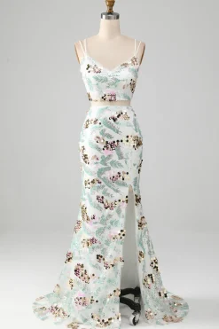 White Two-Piece Sparkly Mermaid Prom Dress with Slit