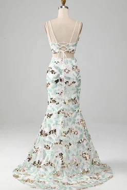 White Two-Piece Sparkly Mermaid Prom Dress with Slit