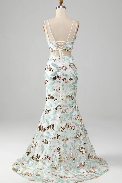 White Two-Piece Sparkly Mermaid Prom Dress with Slit