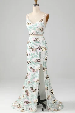 White Two-Piece Sparkly Mermaid Prom Dress with Slit