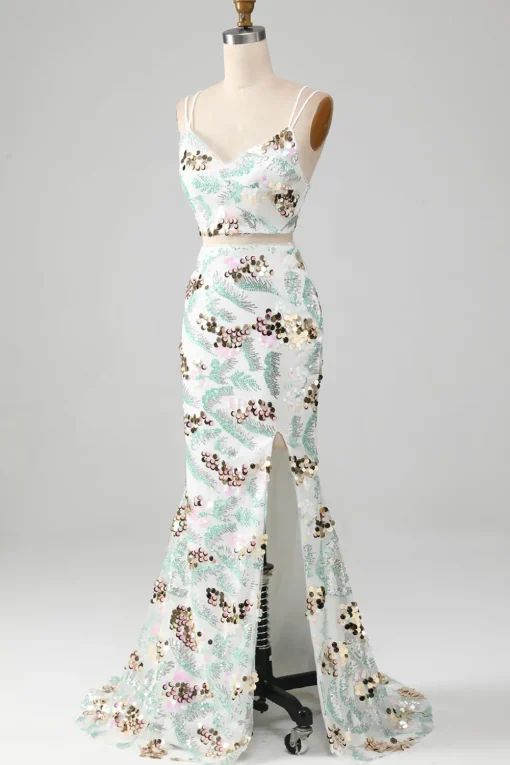 White Two-Piece Sparkly Mermaid Prom Dress with Slit