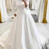White Vintage A-Line Long Satin Wedding Dress with Pockets