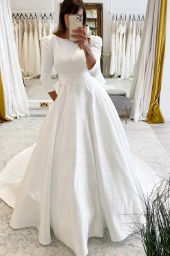 White Vintage A-Line Long Satin Wedding Dress with Pockets