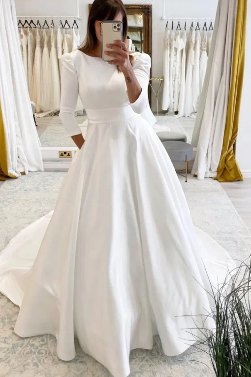 White Vintage A-Line Long Satin Wedding Dress with Pockets