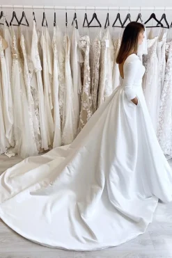 White Vintage A-Line Long Satin Wedding Dress with Pockets
