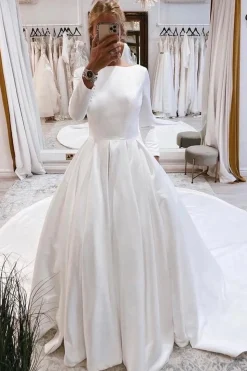 White Vintage Bateau Long A-Line Wedding Dress with Sleeves
