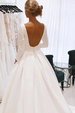 White Vintage Bateau Long A-Line Wedding Dress with Sleeves
