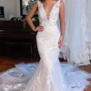 White V-Neck Mermaid Long Lace Wedding Dress