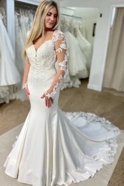 White V-Neck Mermaid Long Wedding Dress with Lace