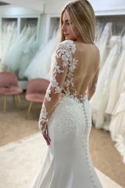 White V-Neck Mermaid Long Wedding Dress with Lace