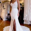 White V-Neck Sheath Long Lace Wedding Dress with Slit