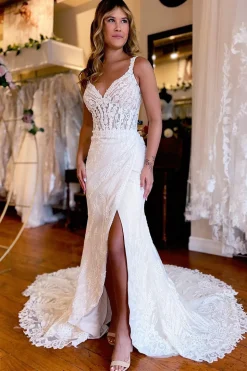 White V-Neck Sheath Long Lace Wedding Dress with Slit
