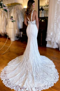 White V-Neck Sheath Long Lace Wedding Dress with Slit