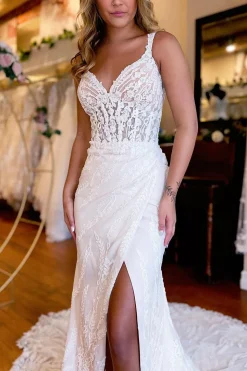 White V-Neck Sheath Long Lace Wedding Dress with Slit