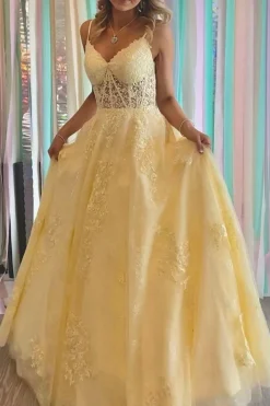 Yellow A Line Princess Corset Prom Dress with Appliques